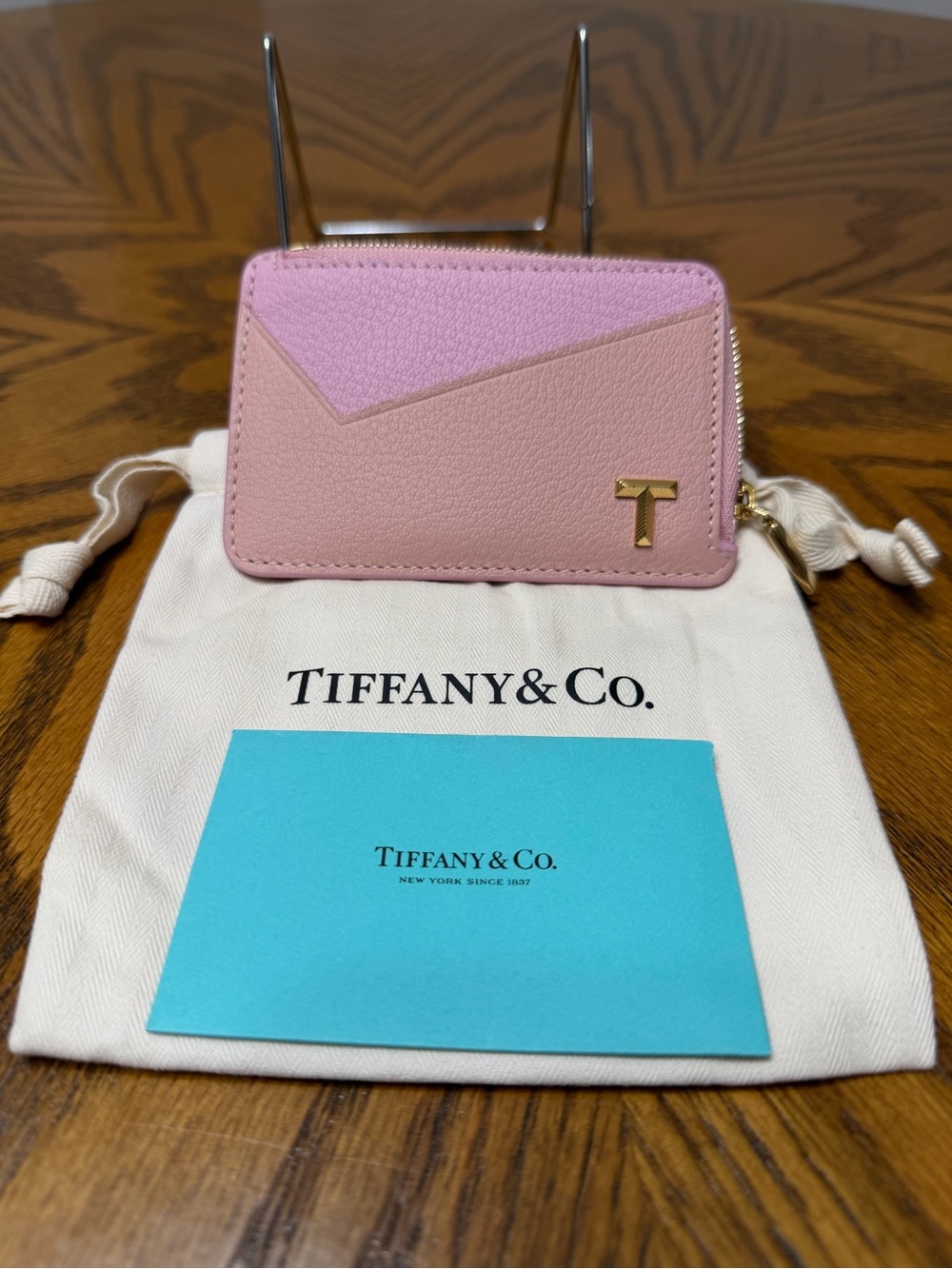 Tiffany & Co. Two-Tone Pink Leather Zip Card Case with Gold 'T'